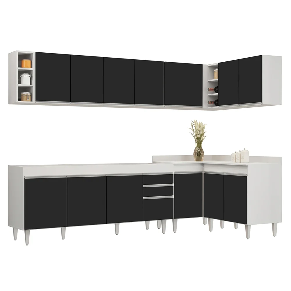 Armário de Cozinha Modulado de Canto 7 Peças CP34 Balcão sem Tampo Branco/Preto - Lumil
