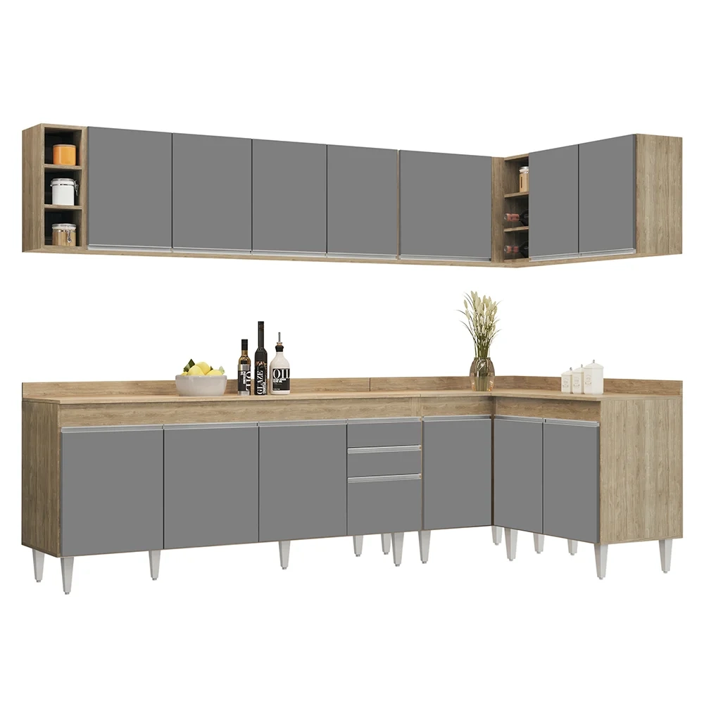 Armário de Cozinha Modulado de Canto 7 Peças CP35 Balcão com Tampo Castanho/Cinza - Lumil