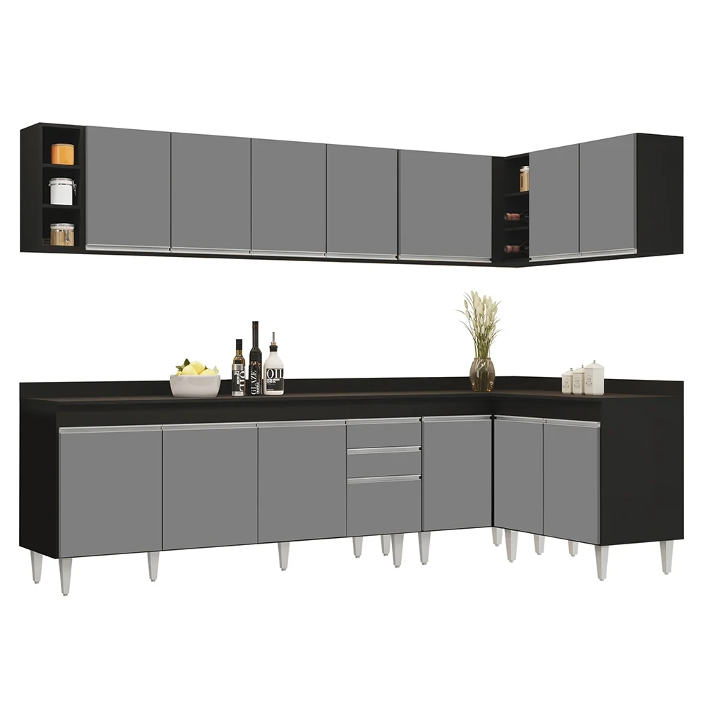Armário de Cozinha Modulado de Canto 7 Peças CP35 Balcão com Tampo Preto/Cinza - Lumil