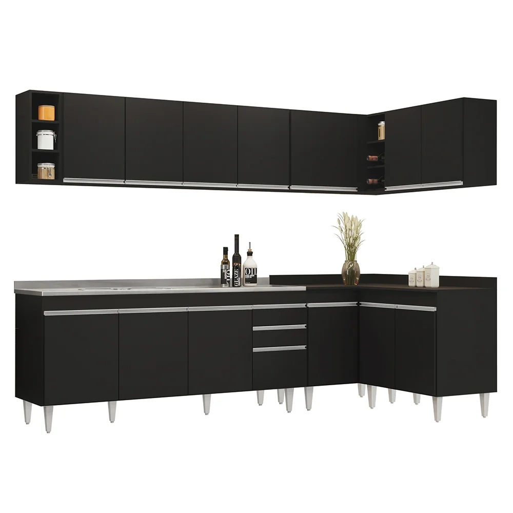 Armário de Cozinha Modulado de Canto 7 Peças CP36 com Pia Inox Preto - Lumil