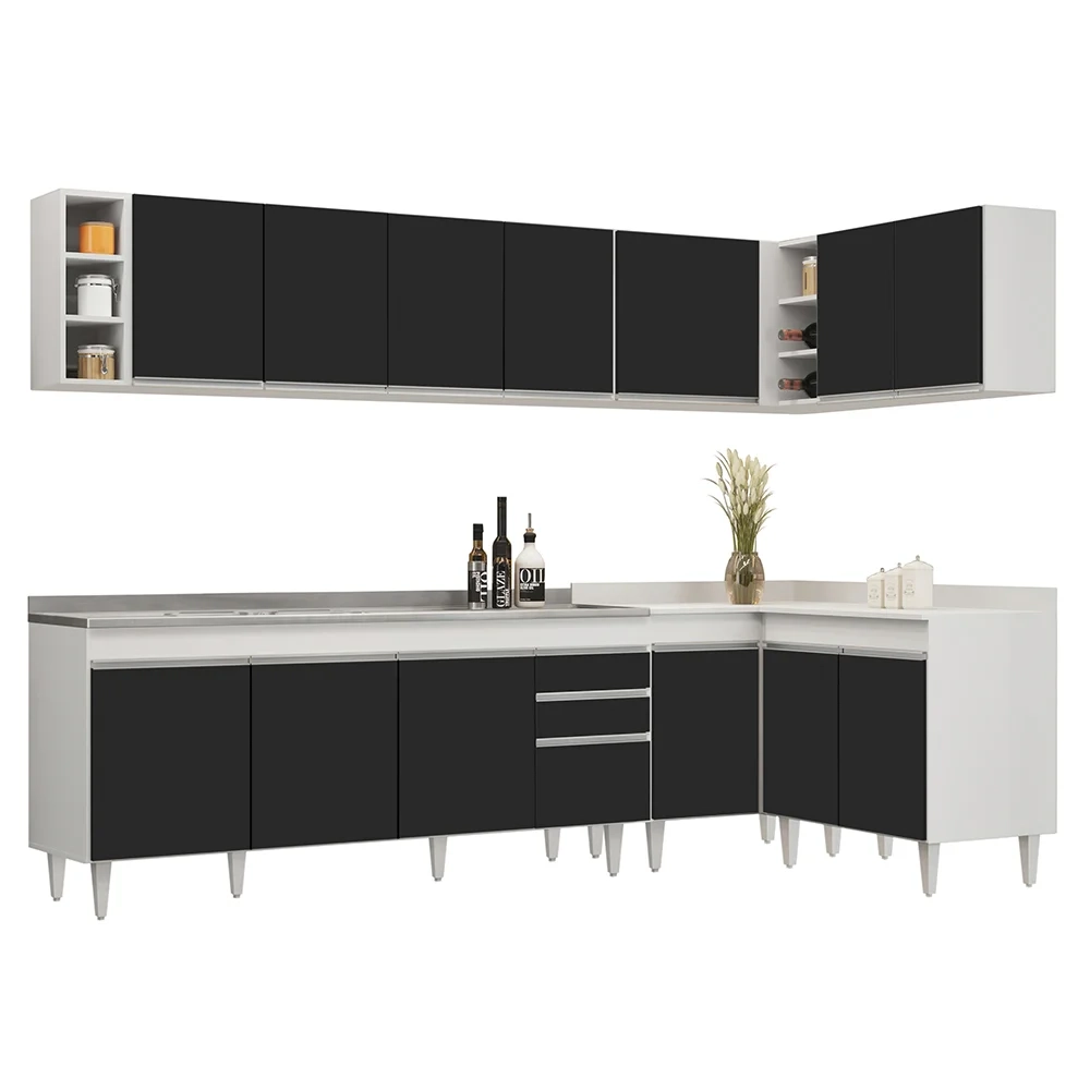 Armário de Cozinha Modulado de Canto 7 Peças CP36 com Pia Inox Branco/Preto - Lumil
