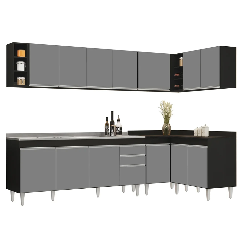 Armário de Cozinha Modulado de Canto 7 Peças CP36 com Pia Inox Preto/Cinza - Lumil