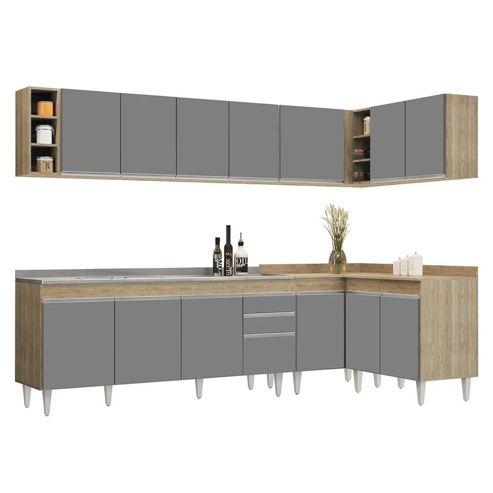 Armário de Cozinha Modulado de Canto 7 Peças CP36 com Pia Inox Castanho/Cinza - Lumil