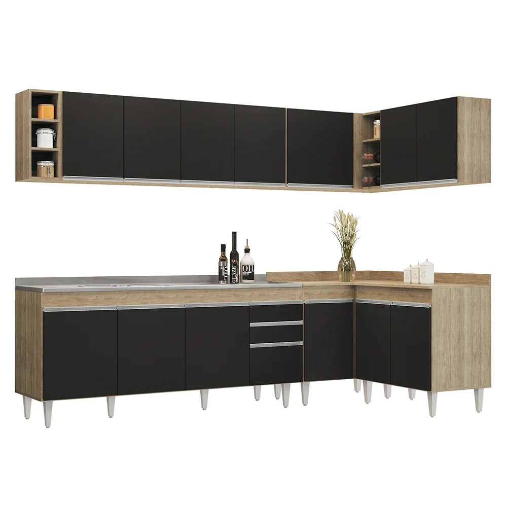 Armário de Cozinha Modulado de Canto 7 Peças CP36 com Pia Inox Castanho/Preto - Lumil