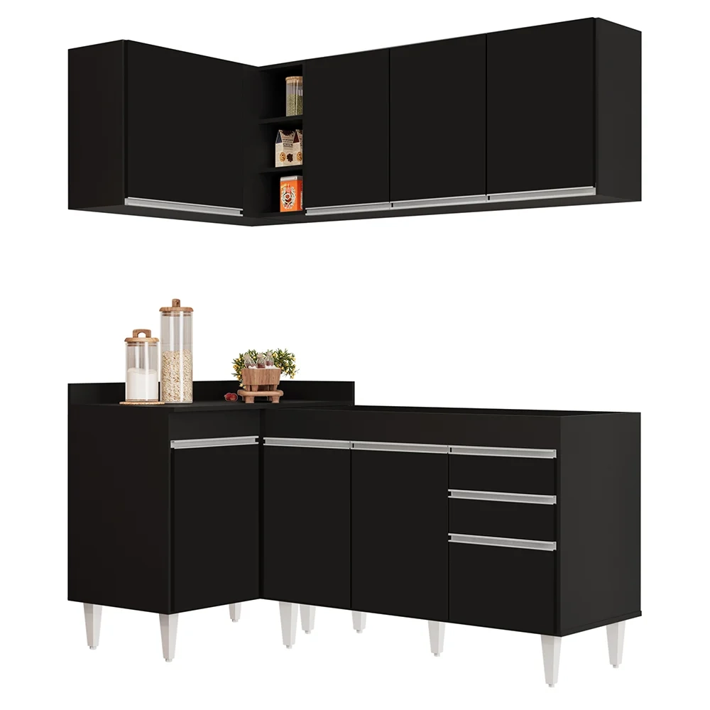 Armário de Cozinha Modulado de Canto Direito 4 Peças CP37 Balcão sem Tampo Preto - Lumil