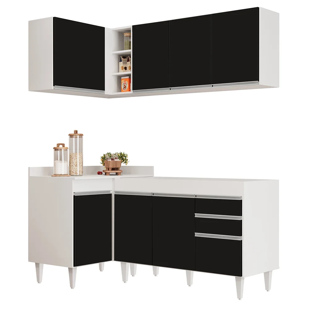 Armário de Cozinha Modulado de Canto Direito 4 Peças CP37 Balcão sem Tampo Branco/Preto - Lumil