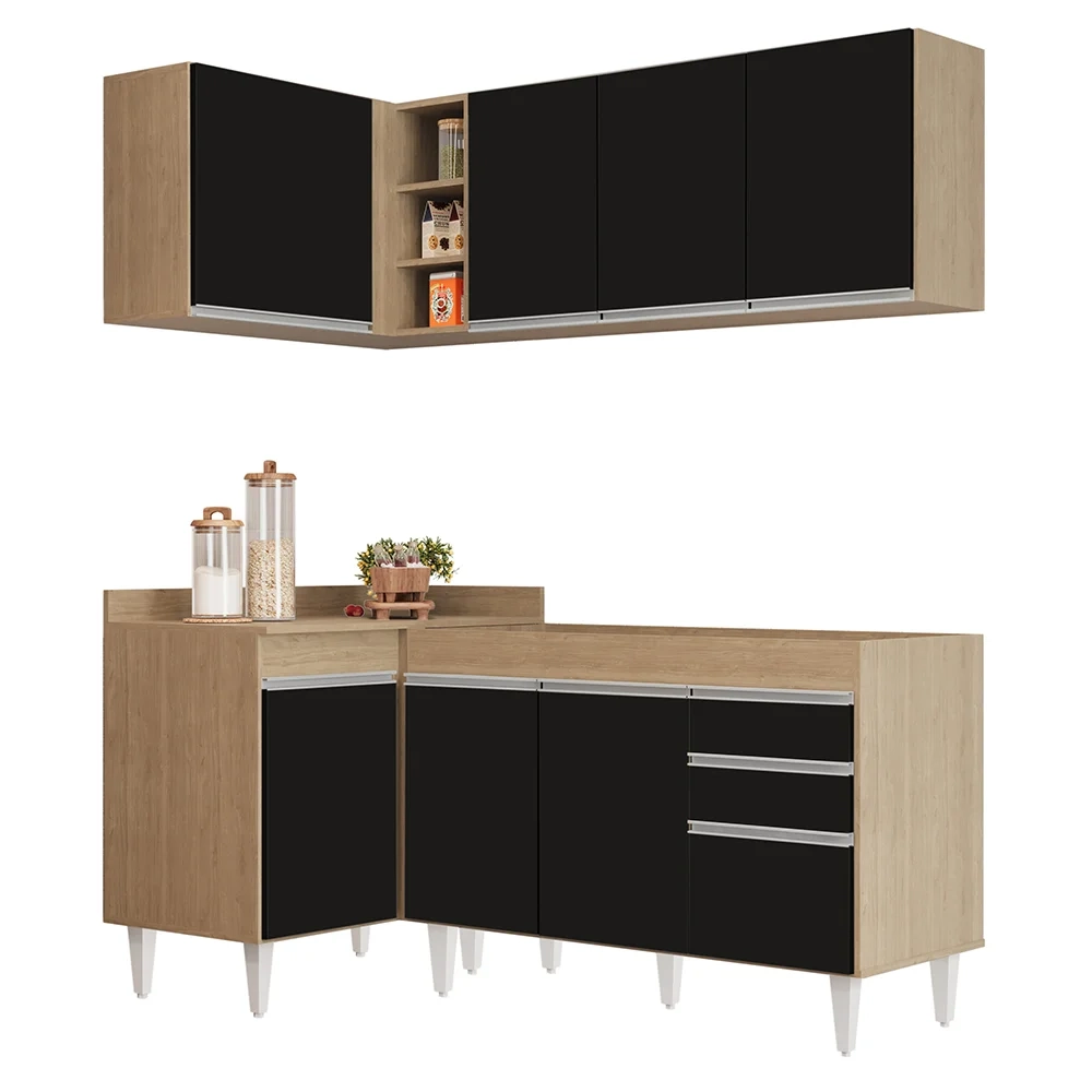 Armário de Cozinha Modulado de Canto Direito 4 Peças CP37 Balcão sem Tampo Castanho/Preto - Lumil