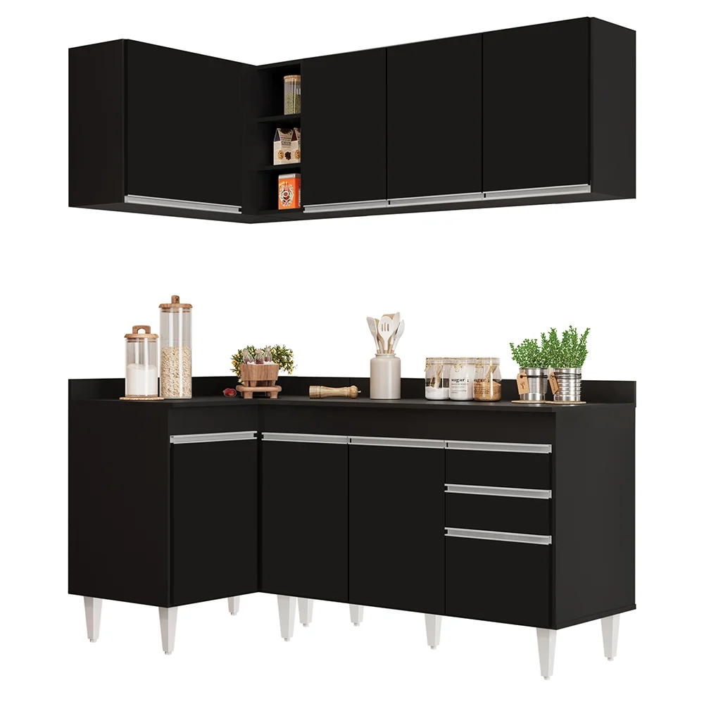 Armário de Cozinha Modulado de Canto Direito 4 Peças CP38 Balcão com Tampo Preto - Lumil