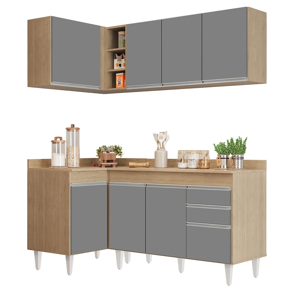 Armário de Cozinha Modulado de Canto Direito 4 Peças CP38 Balcão com Tampo Castanho/Cinza - Lumil