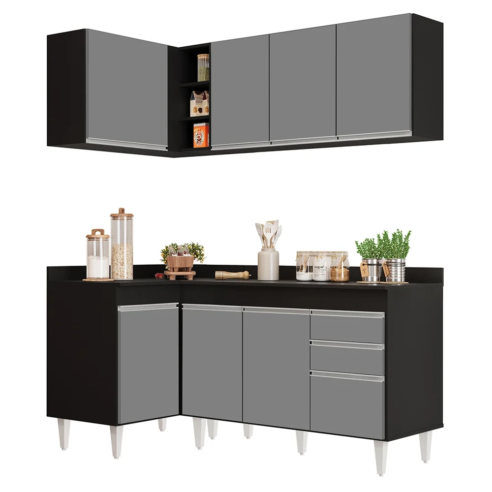 Armário de Cozinha Modulado de Canto Direito 4 Peças CP38 Balcão com Tampo Preto/Cinza - Lumil