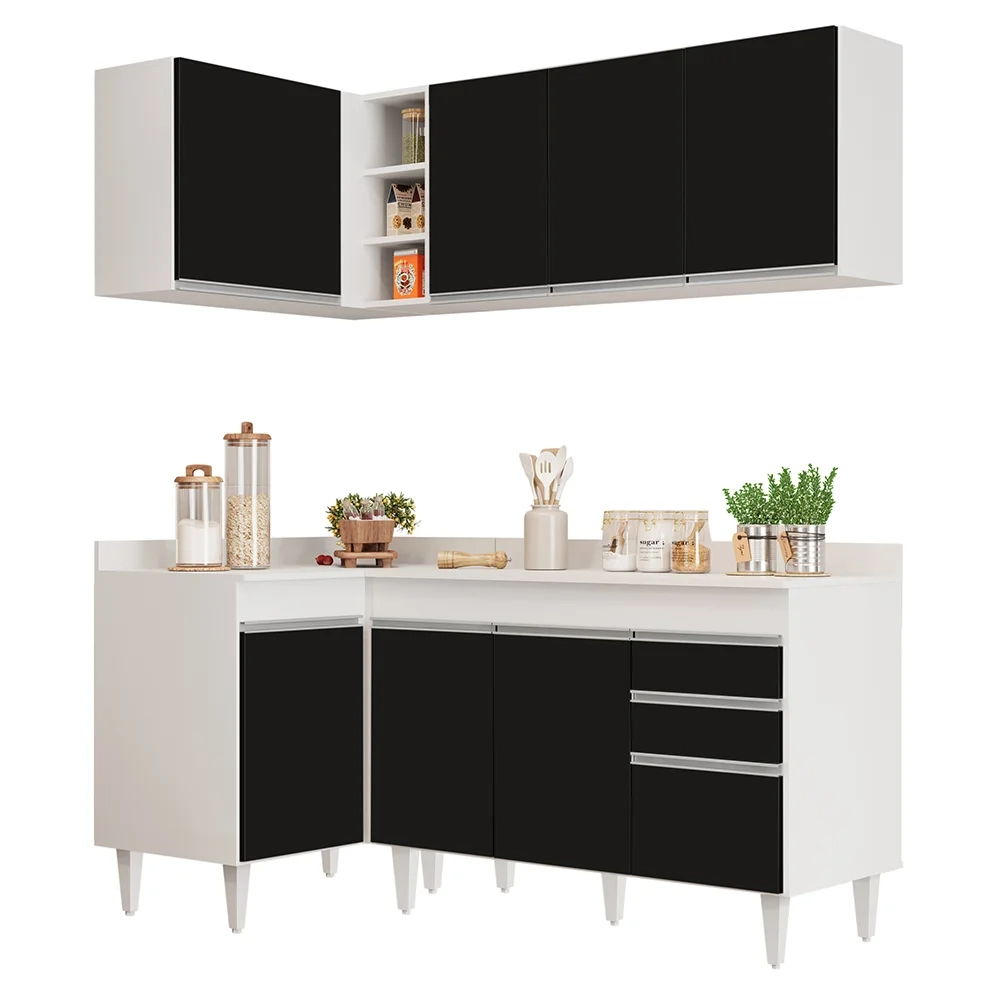 Armário de Cozinha Modulado de Canto Direito 4 Peças CP38 Balcão com Tampo Branco/Preto - Lumil