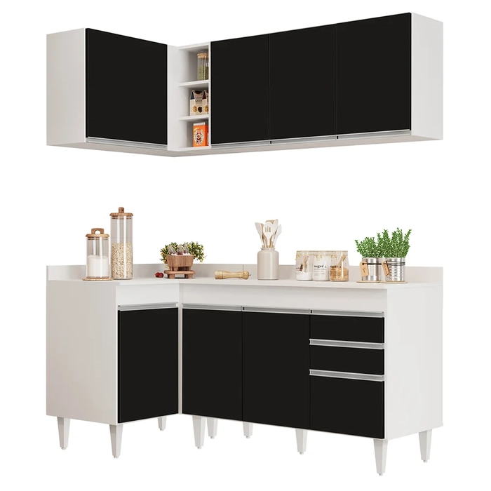 Armário de Cozinha Modulado de Canto Direito 4 Peças CP38 Balcão com Tampo Branco/Preto - Lumil