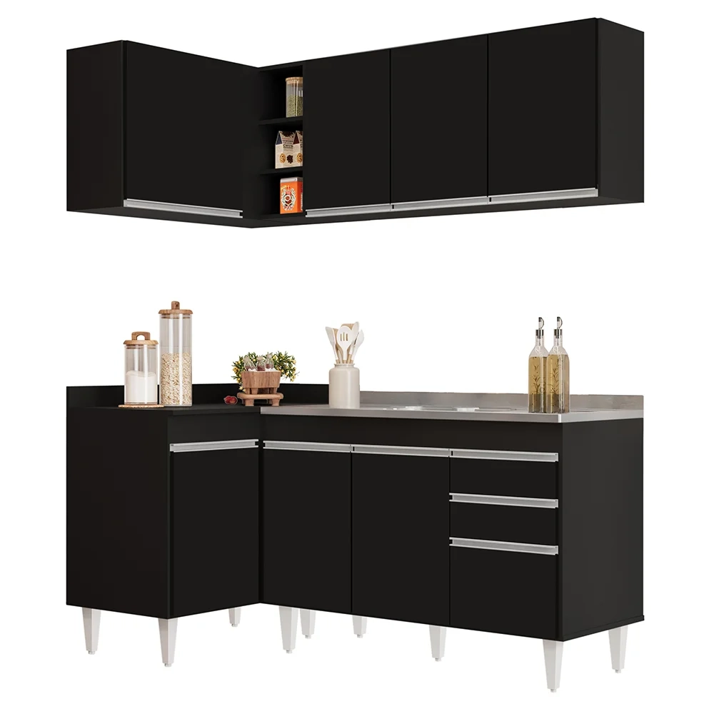 Armário de Cozinha Modulado de Canto Direito 4 Peças CP39 com Pia Inox Preto - Lumil