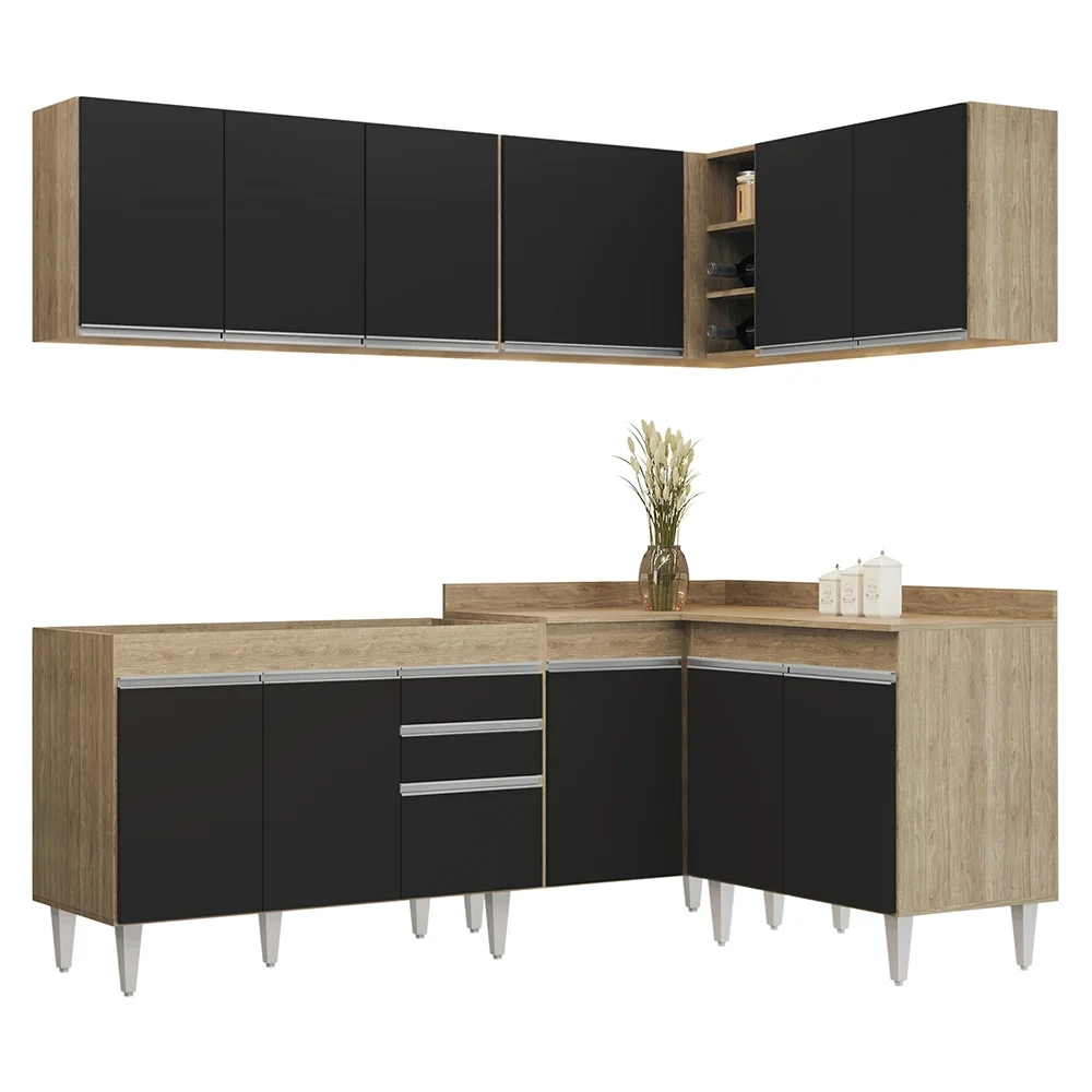 Armário de Cozinha Modulado de Canto 6 Peças CP28 Balcão sem Tampo Castanho/Preto - Lumil