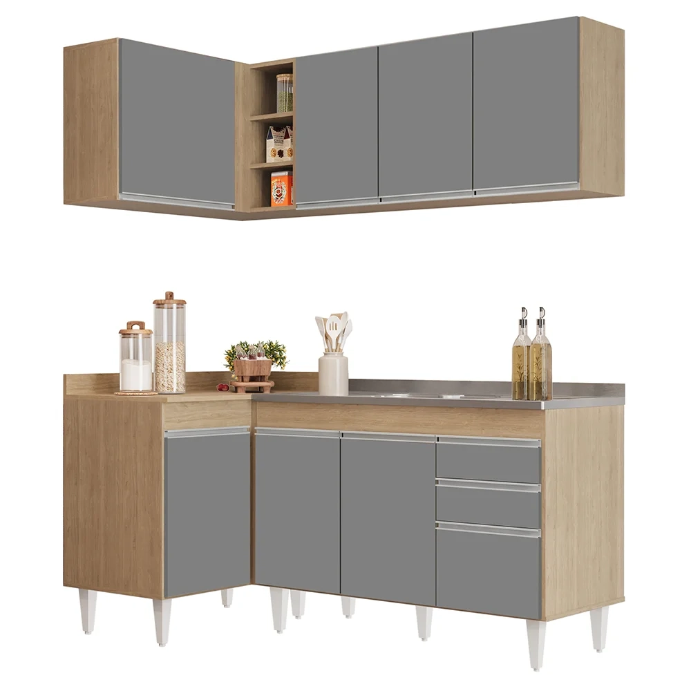 Armário de Cozinha Modulado de Canto Direito 4 Peças CP39 com Pia Inox Castanho/Cinza - Lumil
