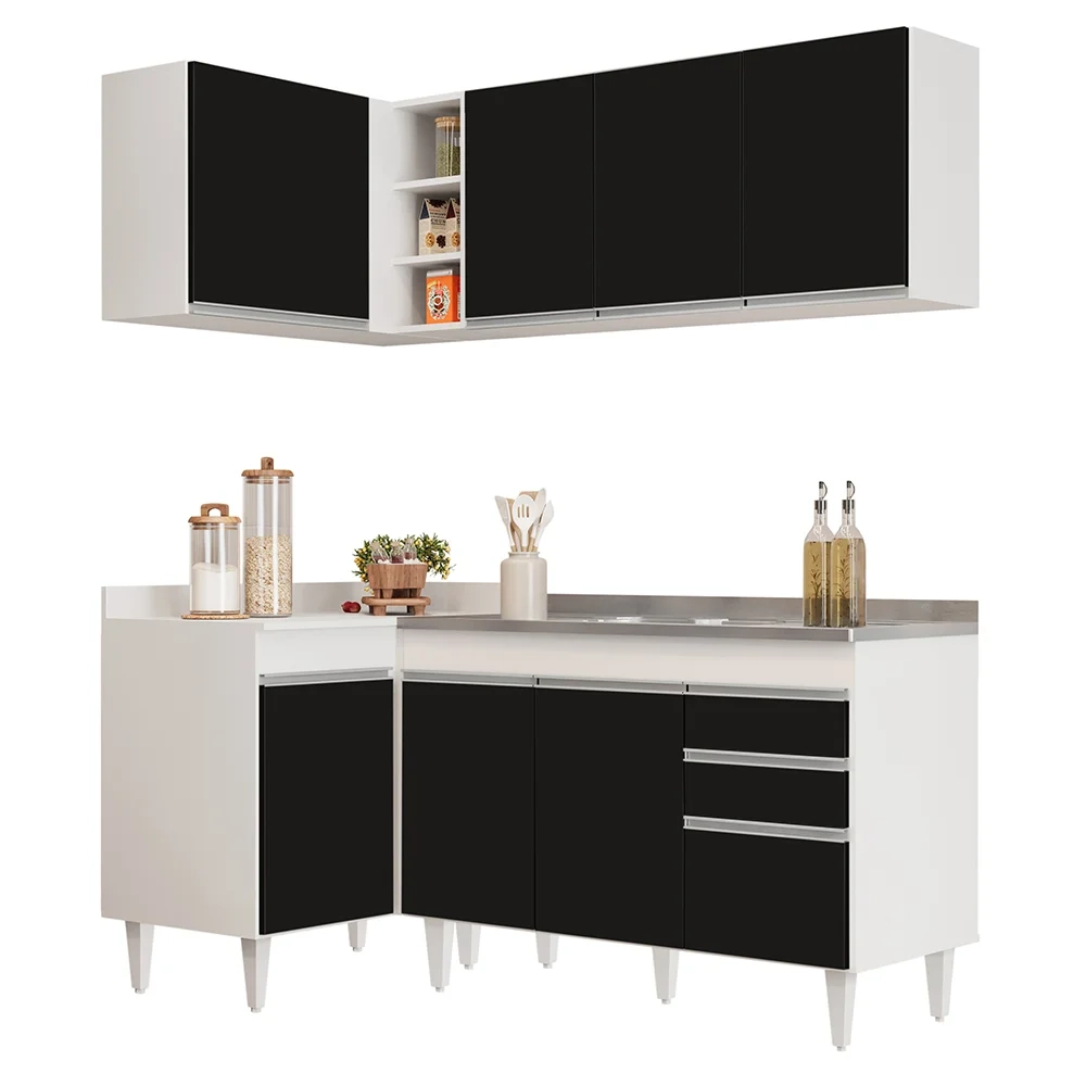 Armário de Cozinha Modulado de Canto Direito 4 Peças CP39 com Pia Inox Branco/Preto - Lumil