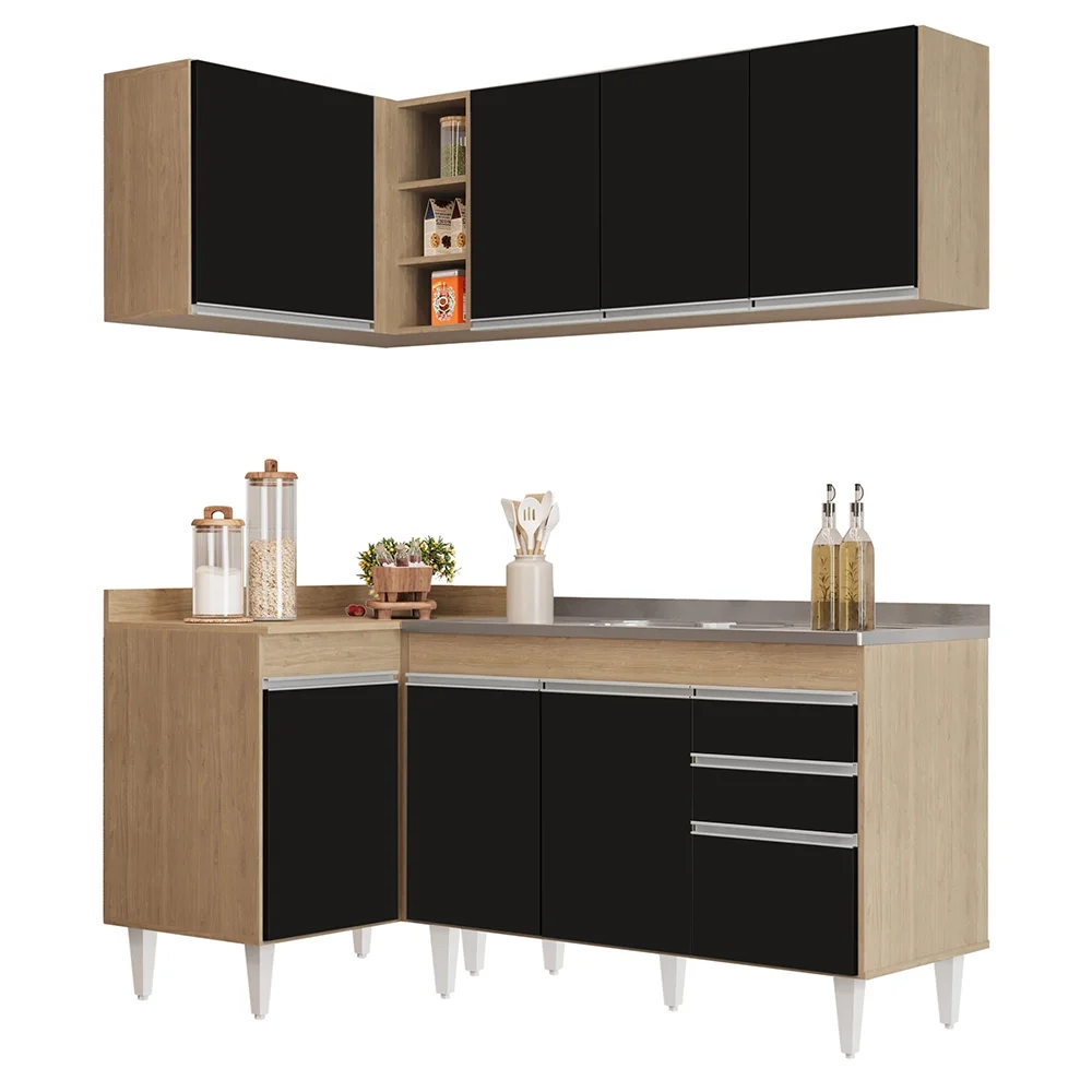 Armário de Cozinha Modulado de Canto Direito 4 Peças CP39 com Pia Inox Castanho/Preto - Lumil