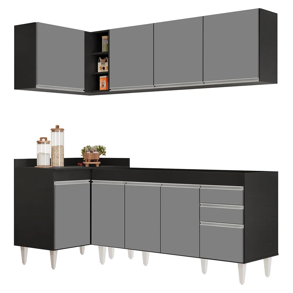 Armário de Cozinha Modulado de Canto Direito 4 Peças CP40 Balcão sem Tampo Preto/Cinza - Lumil