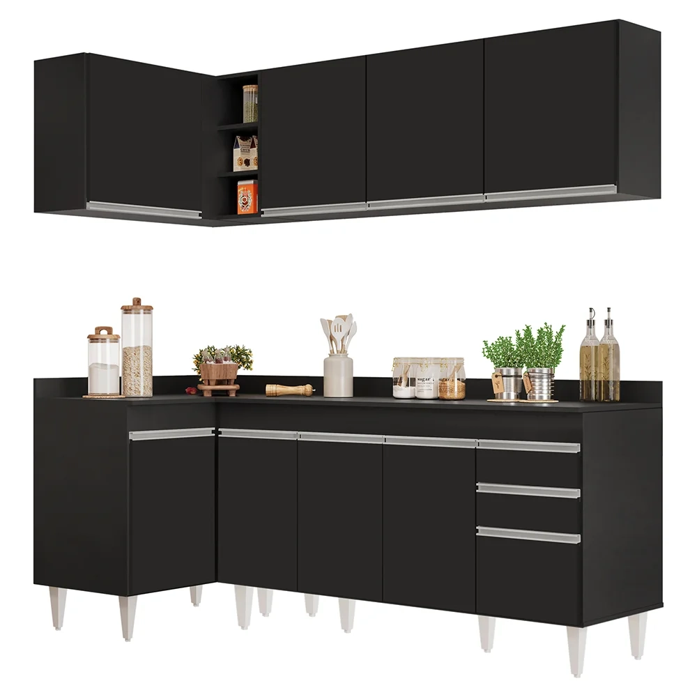 Armário de Cozinha Modulado de Canto Direito 4 Peças CP41 Balcão com Tampo Preto - Lumil