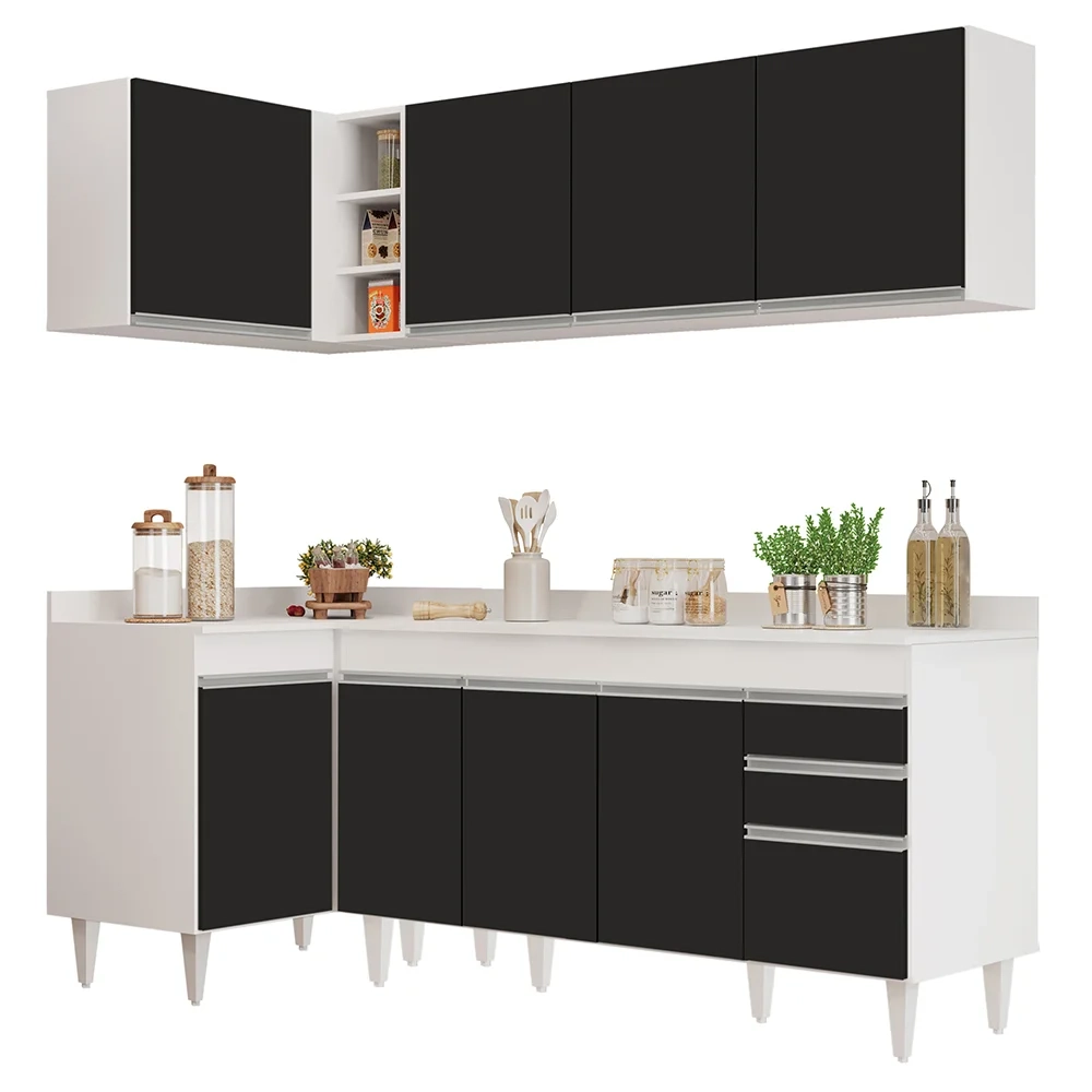 Armário de Cozinha Modulado de Canto Direito 4 Peças CP41 Balcão com Tampo Branco/Preto - Lumil