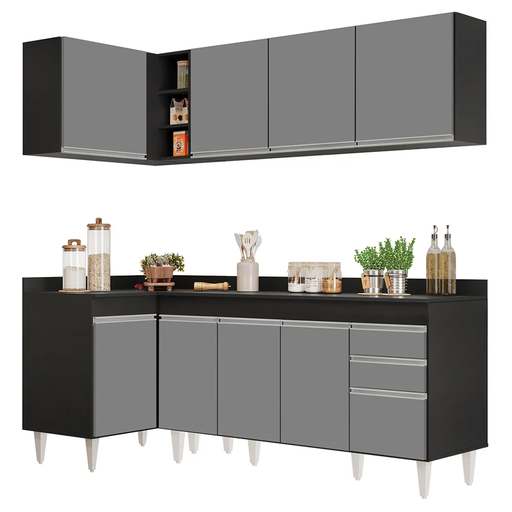 Armário de Cozinha Modulado de Canto Direito 4 Peças CP41 Balcão com Tampo Preto/Cinza - Lumil