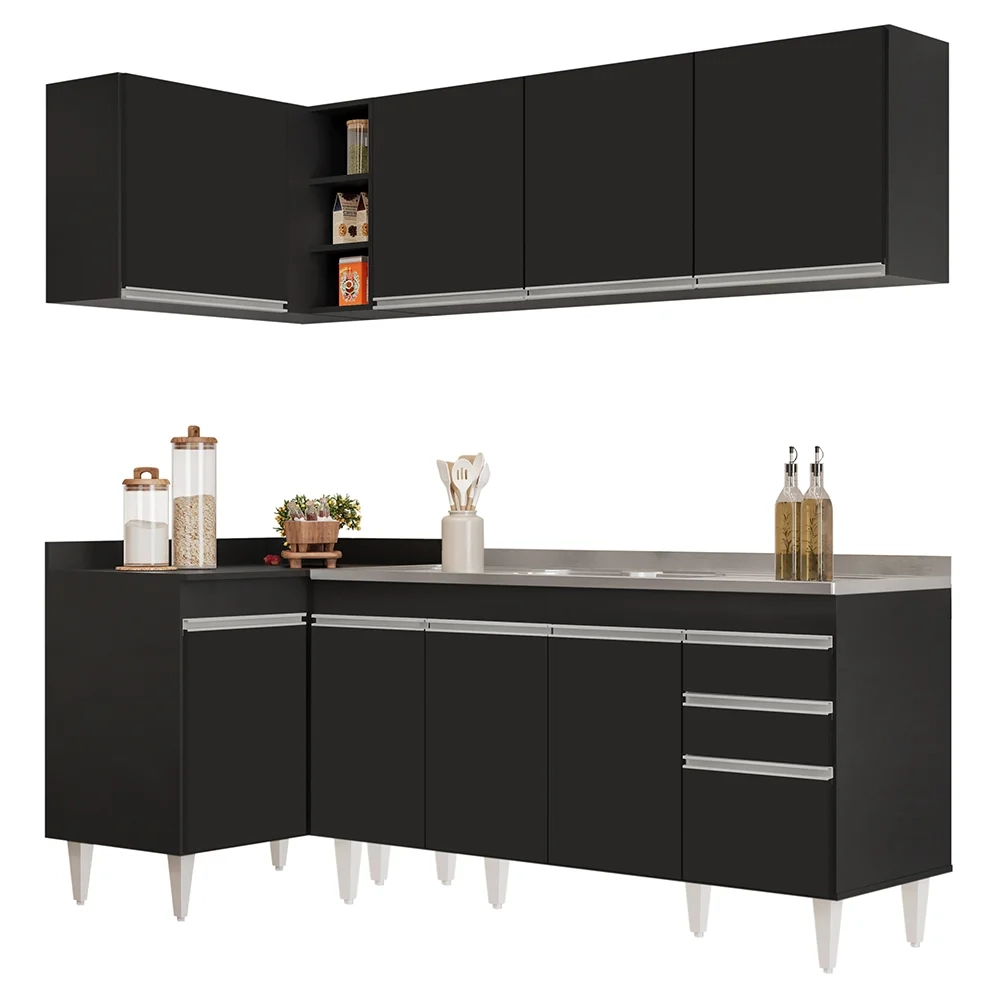 Armário de Cozinha Modulado de Canto Direito 4 Peças CP42 com Pia Inox Preto - Lumil