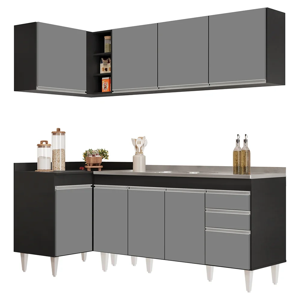 Armário de Cozinha Modulado de Canto Direito 4 Peças CP42 com Pia Inox Preto/Cinza - Lumil
