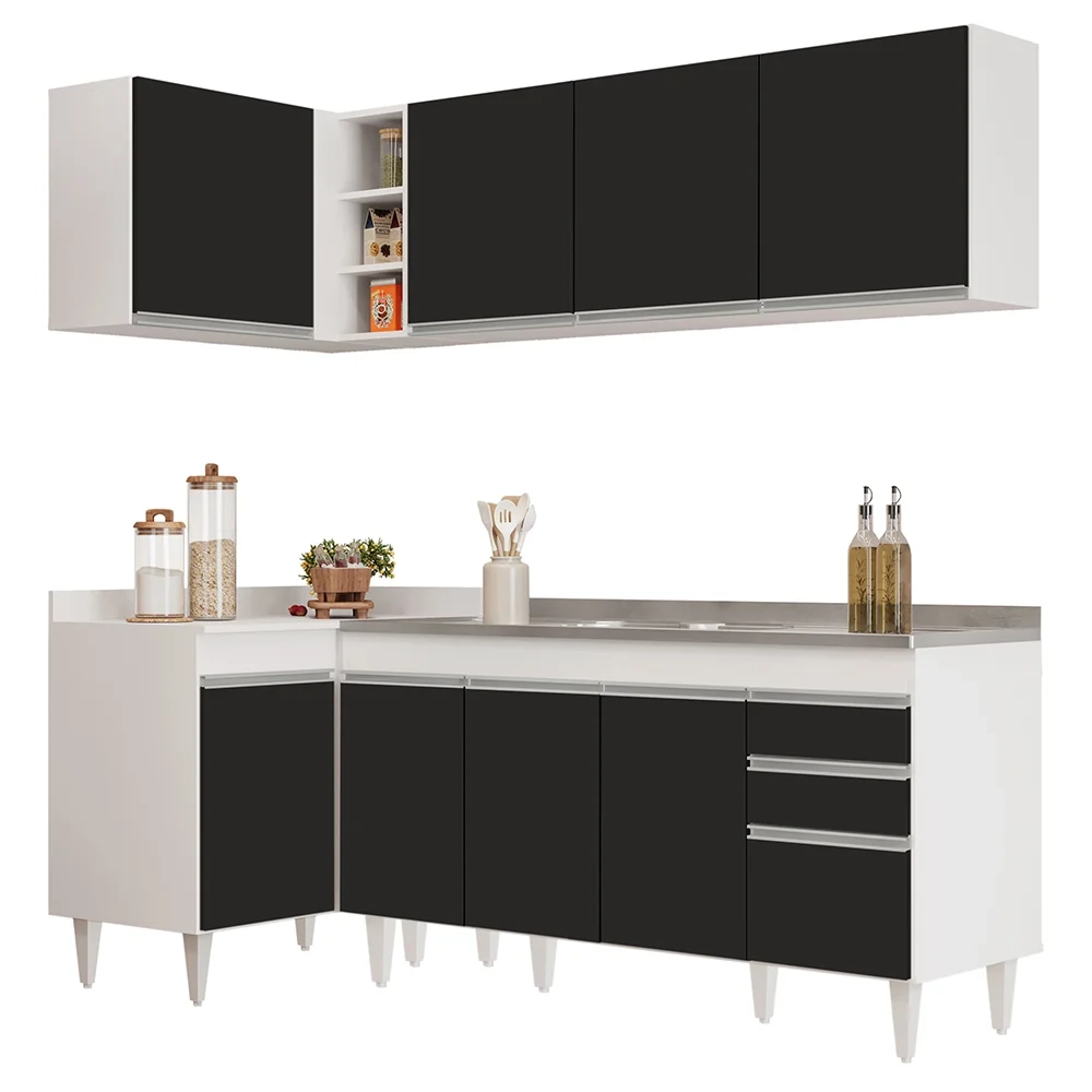 Armário de Cozinha Modulado de Canto Direito 4 Peças CP42 com Pia Inox Branco/Preto - Lumil