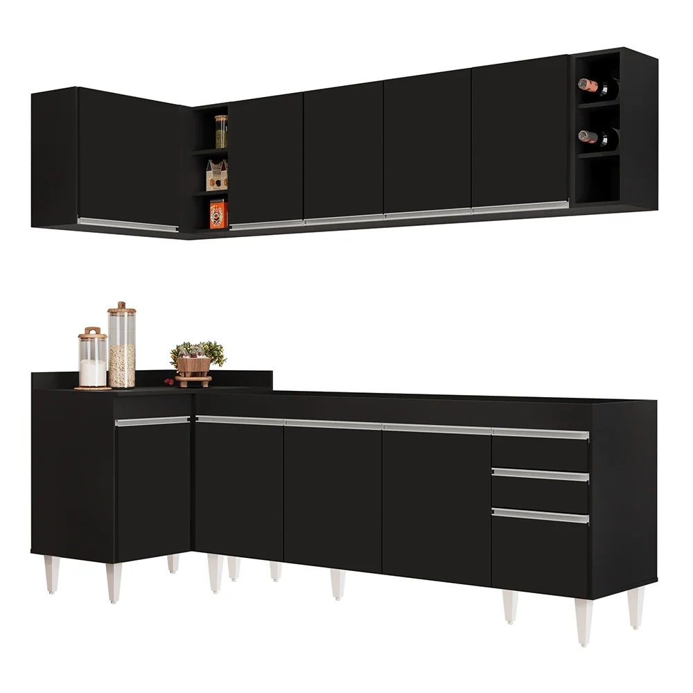 Armário de Cozinha Modulado de Canto Direito 5 Peças CP43 Balcão sem Tampo Preto - Lumil