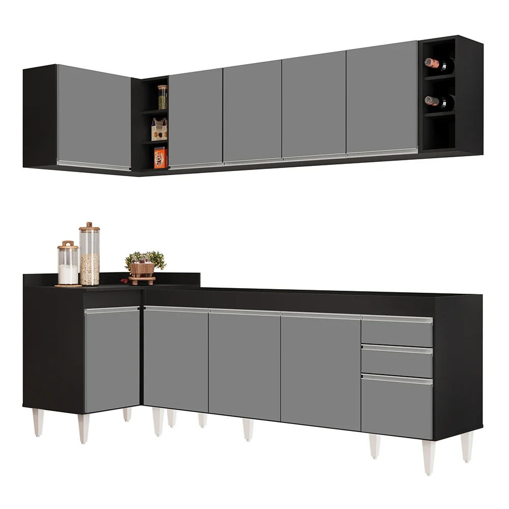 Armário de Cozinha Modulado de Canto Direito 5 Peças CP43 Balcão sem Tampo Preto/Cinza - Lumil