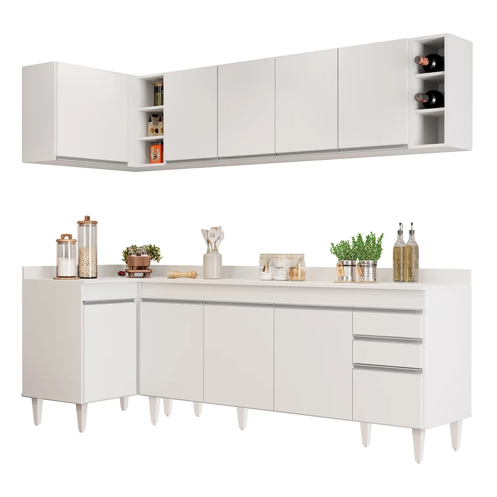 Armário de Cozinha Modulado de Canto Direito 5 Peças CP44 Balcão com Tampo Branco - Lumil