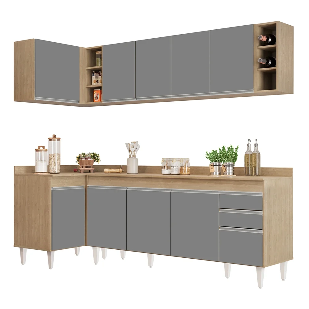 Armário de Cozinha Modulado de Canto Direito 5 Peças CP44 Balcão com Tampo Castanho/Cinza - Lumil