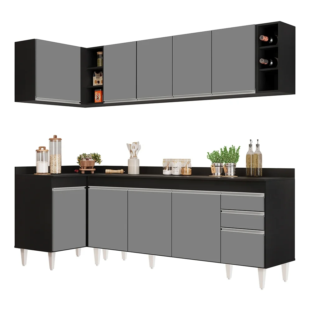 Armário de Cozinha Modulado de Canto Direito 5 Peças CP44 Balcão com Tampo Preto/Cinza - Lumil