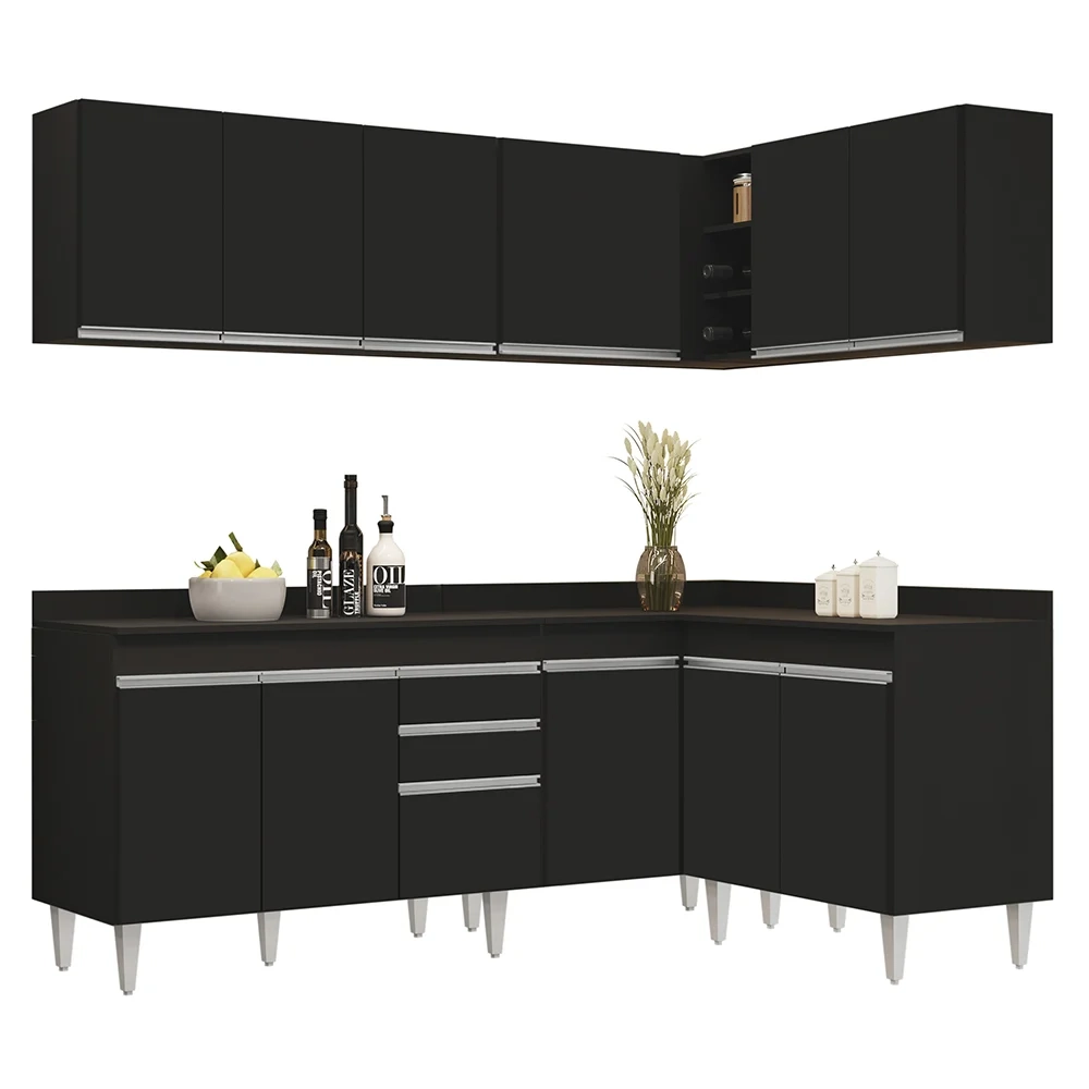 Armário de Cozinha Modulado de Canto 6 Peças CP29 Balcão com Tampo Preto - Lumil