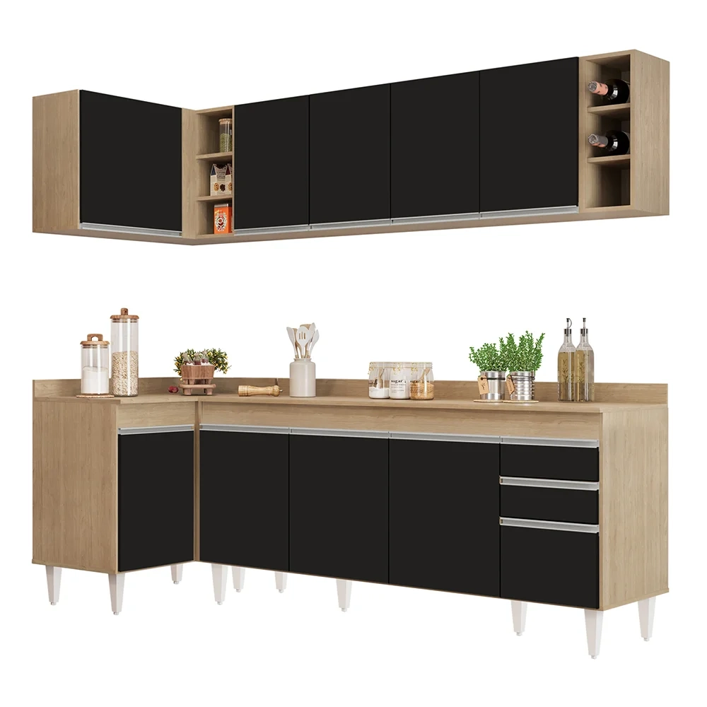 Armário de Cozinha Modulado de Canto Direito 5 Peças CP44 Balcão com Tampo Castanho/Preto - Lumil