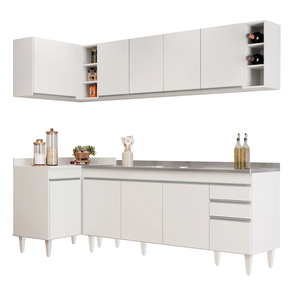 Armário de Cozinha Modulado de Canto Direito 5 Peças CP45 com Pia Inox Branco - Lumil