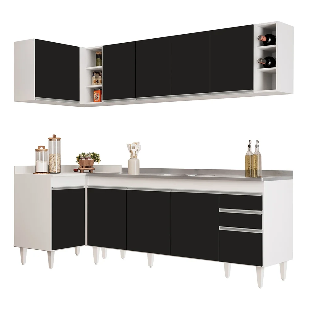 Armário de Cozinha Modulado de Canto Direito 5 Peças CP45 com Pia Inox Branco/Preto - Lumil