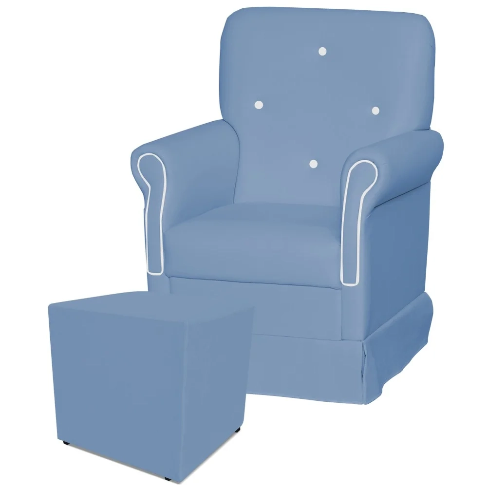 Poltrona de Amamentação Balanço e Puff Suzí Sintético Azul Bebê/Branco - Phoenix Baby