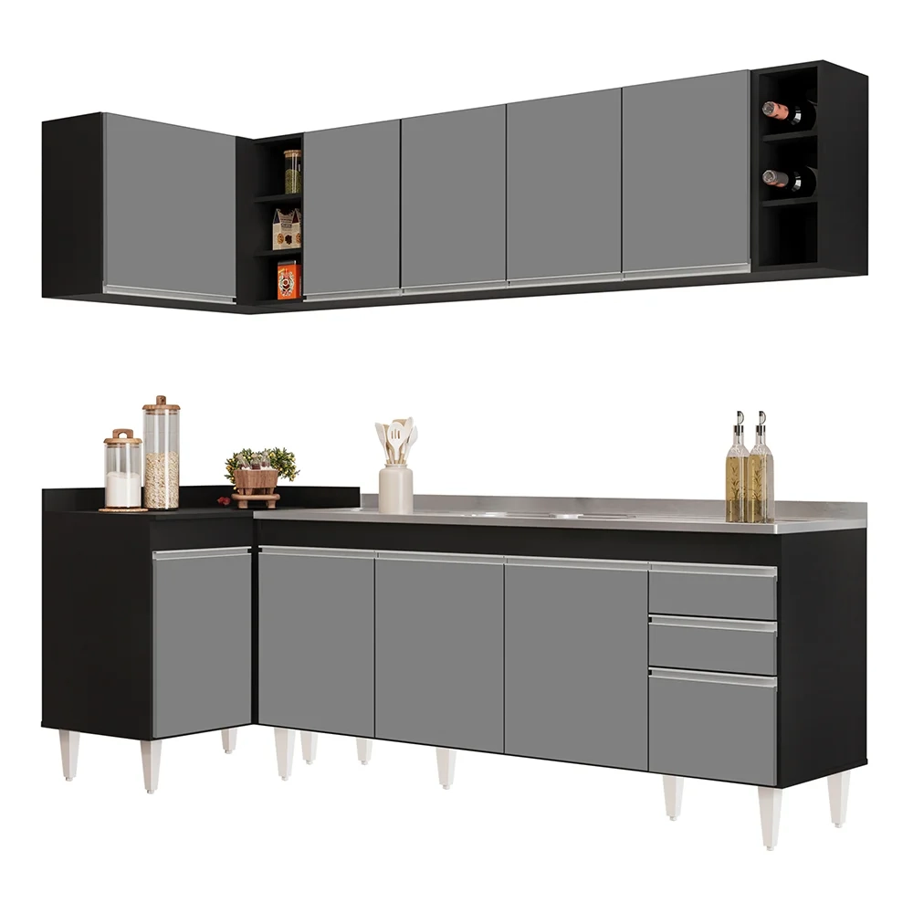 Armário de Cozinha Modulado de Canto Direito 5 Peças CP45 com Pia Inox Preto/Cinza - Lumil