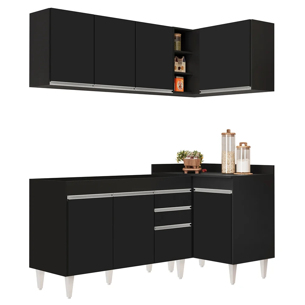 Armário de Cozinha Modulado de Canto Esquerdo 4 Peças CP46 Balcão sem Tampo Preto - Lumil