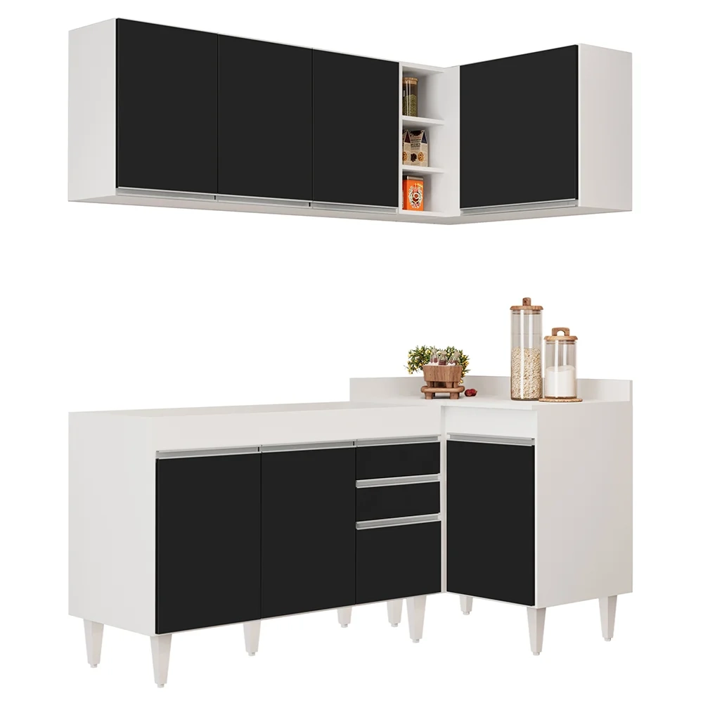 Armário de Cozinha Modulado de Canto Esquerdo 4 Peças CP46 Balcão sem Tampo Branco/Preto - Lumil