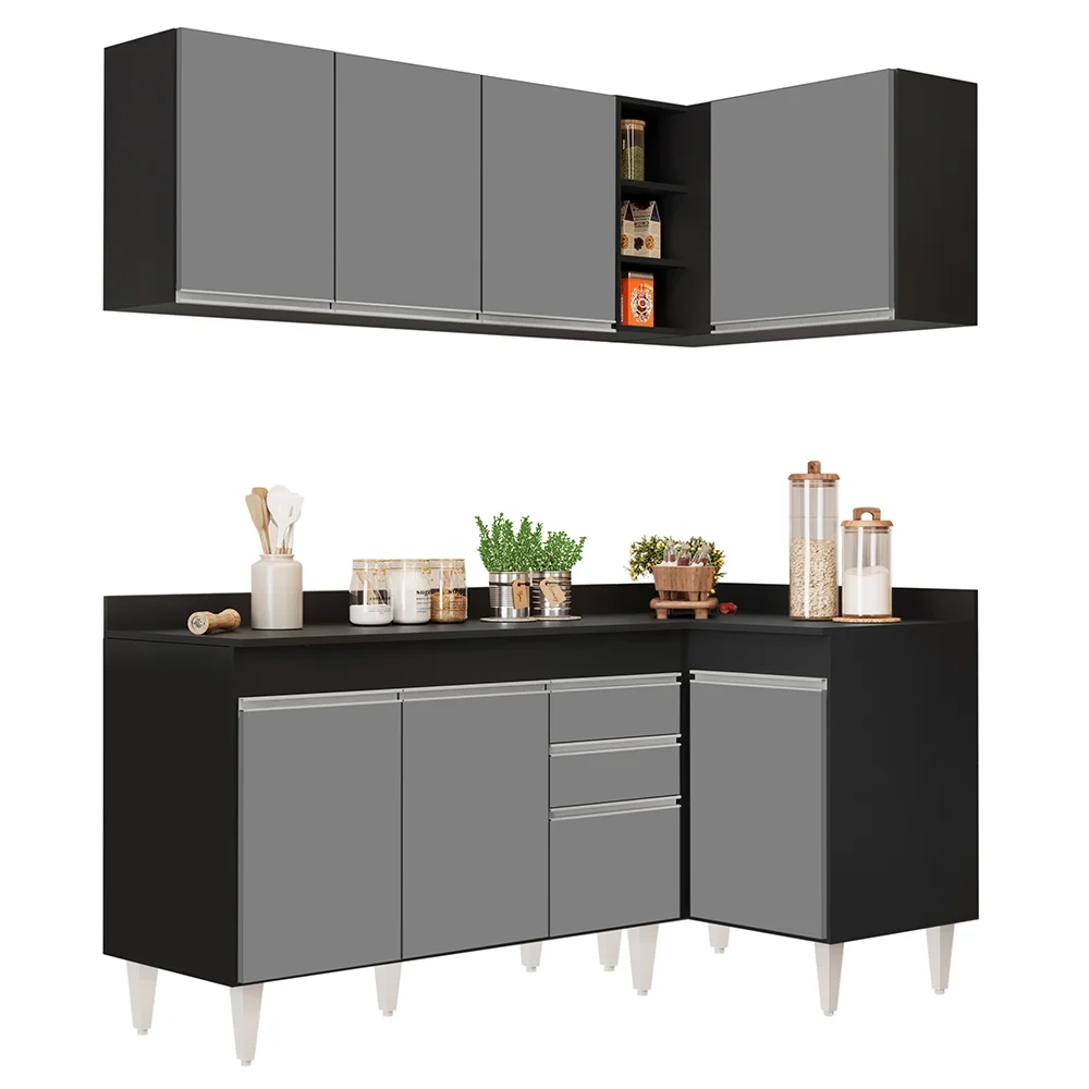 Armário de Cozinha Modulado de Canto Esquerdo 4 Peças CP47 Balcão com Tampo Preto/Cinza - Lumil