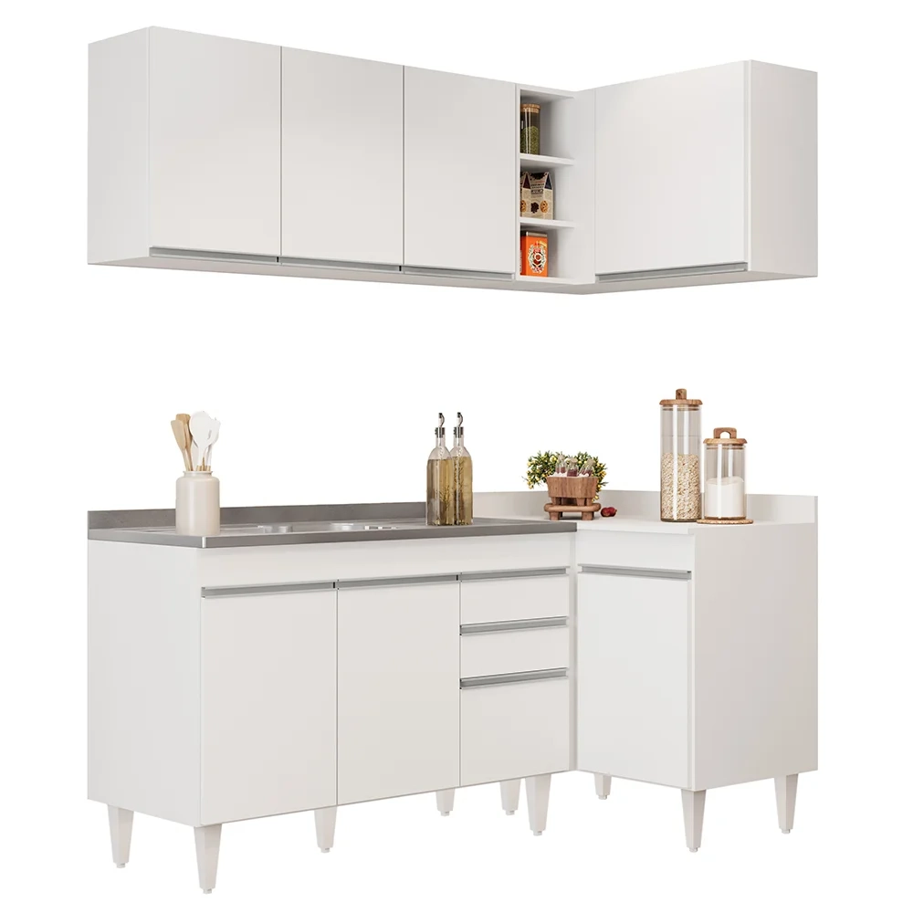 Armário de Cozinha Modulado de Canto Esquerdo 4 Peças CP48 com Pia Inox Branco - Lumil