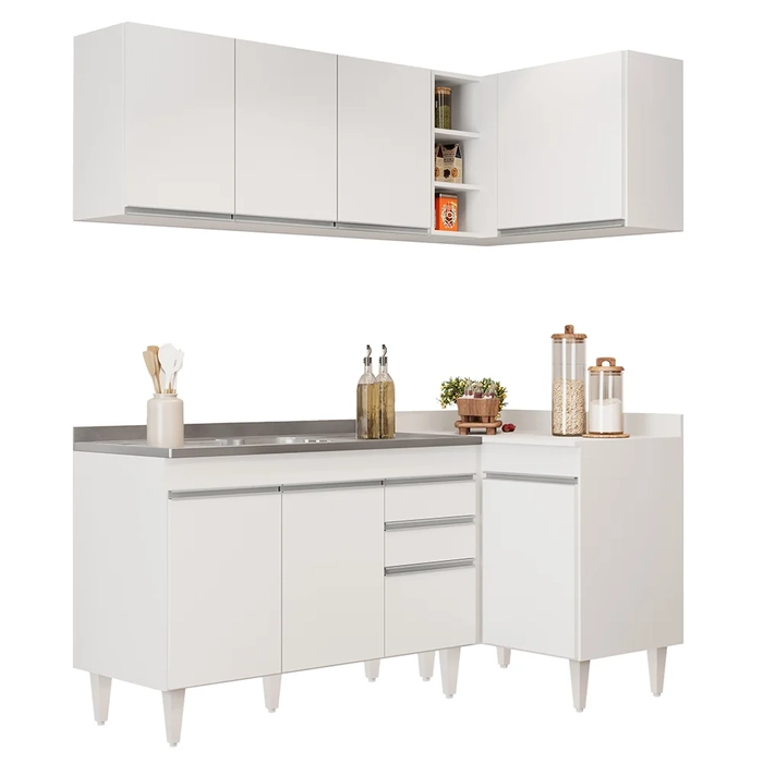 Armário de Cozinha Modulado de Canto Esquerdo 4 Peças CP48 com Pia Inox Branco - Lumil