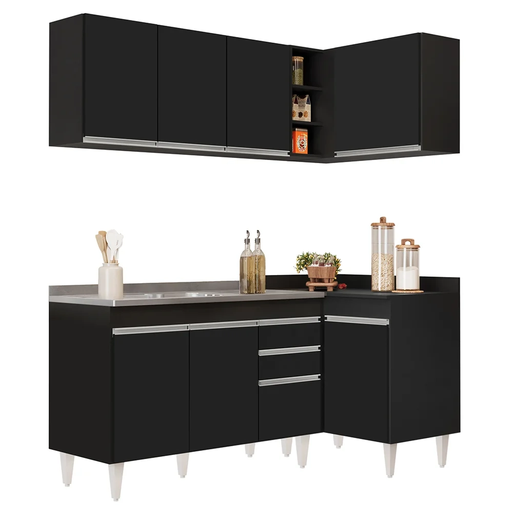 Armário de Cozinha Modulado de Canto Esquerdo 4 Peças CP48 com Pia Inox Preto - Lumil