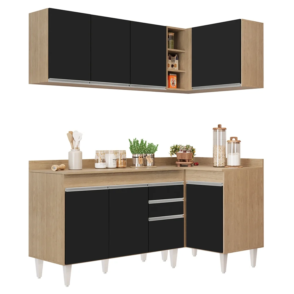 Armário de Cozinha Modulado de Canto Esquerdo 4 Peças CP47 Balcão com Tampo Castanho/Preto - Lumil