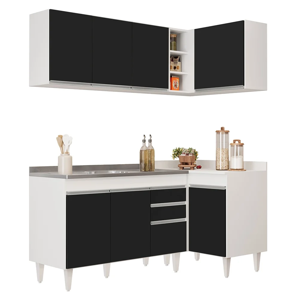 Armário de Cozinha Modulado de Canto Esquerdo 4 Peças CP48 com Pia Inox Branco/Preto - Lumil