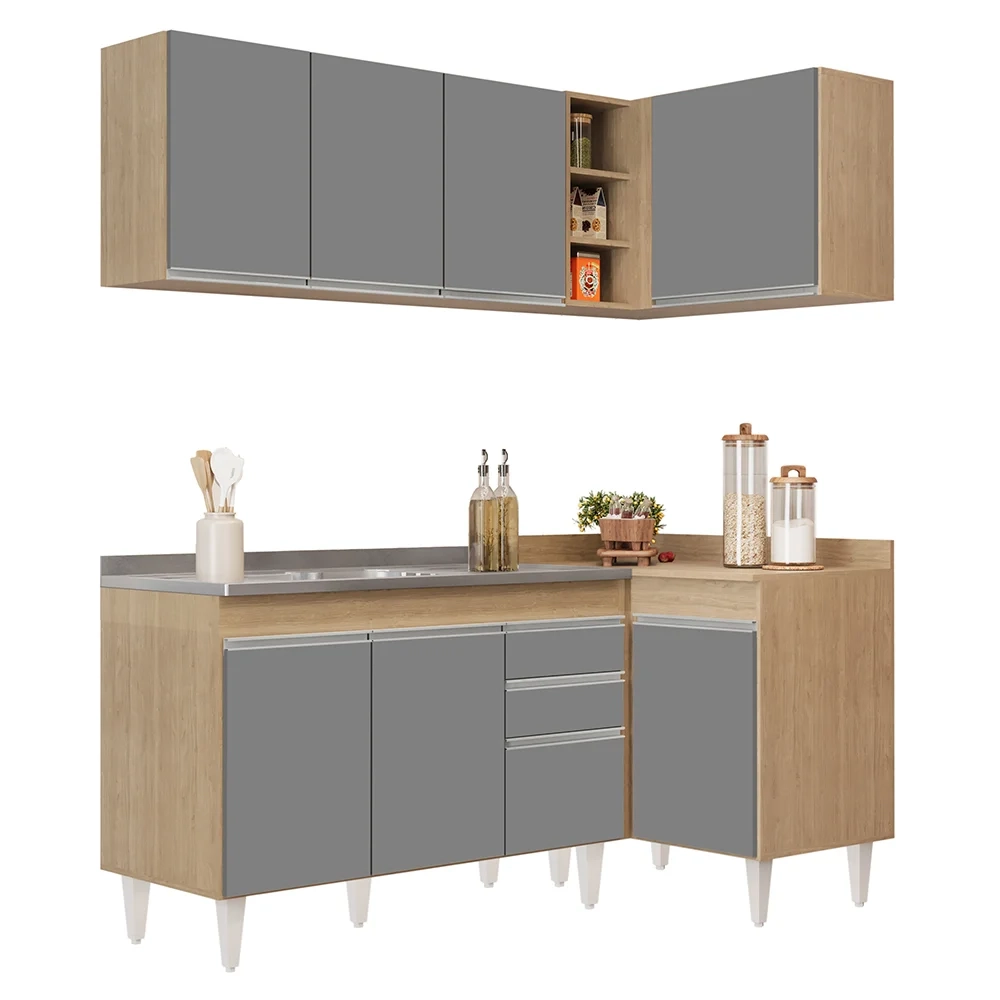 Armário de Cozinha Modulado de Canto Esquerdo 4 Peças CP48 com Pia Inox Castanho/Cinza - Lumil