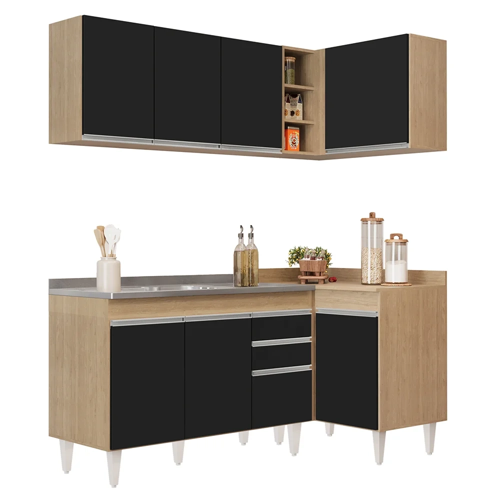 Armário de Cozinha Modulado de Canto Esquerdo 4 Peças CP48 com Pia Inox Castanho/Preto - Lumil