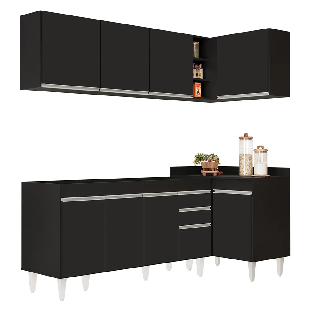 Armário de Cozinha Modulado de Canto Esquerdo 4 Peças CP49 Balcão sem Tampo Preto - Lumil